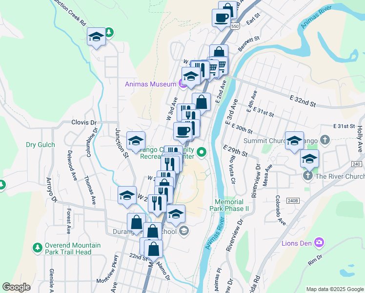 map of restaurants, bars, coffee shops, grocery stores, and more near 2817 Main Avenue in Durango