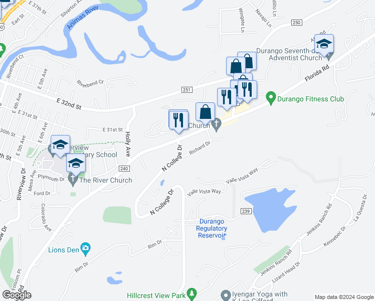 map of restaurants, bars, coffee shops, grocery stores, and more near 1304 Florida Road in Durango