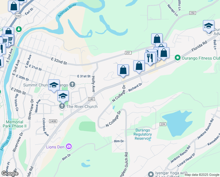 map of restaurants, bars, coffee shops, grocery stores, and more near 1221 Galaxy Drive in Durango