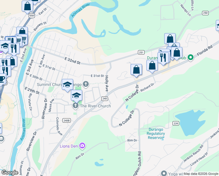 map of restaurants, bars, coffee shops, grocery stores, and more near 2920 Holly Avenue in Durango