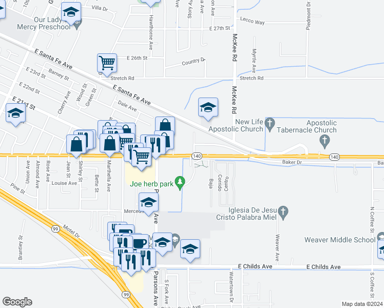map of restaurants, bars, coffee shops, grocery stores, and more near 1971 Kelly Avenue in Merced