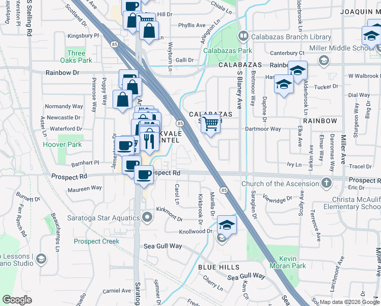 map of restaurants, bars, coffee shops, grocery stores, and more near 1583 Brookvale Drive in San Jose