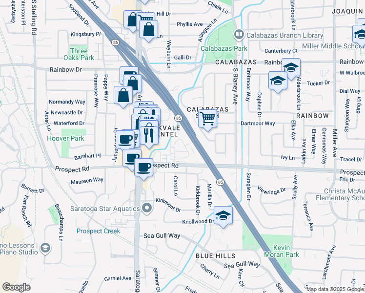 map of restaurants, bars, coffee shops, grocery stores, and more near 1583 Brookvale Drive in San Jose
