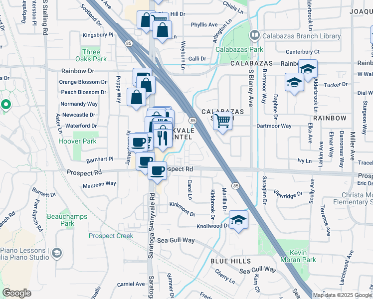 map of restaurants, bars, coffee shops, grocery stores, and more near 7200 Mockingbird Place in San Jose