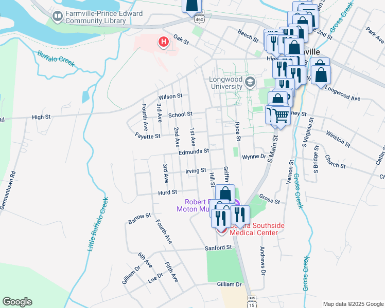map of restaurants, bars, coffee shops, grocery stores, and more near 611 1st Avenue in Farmville