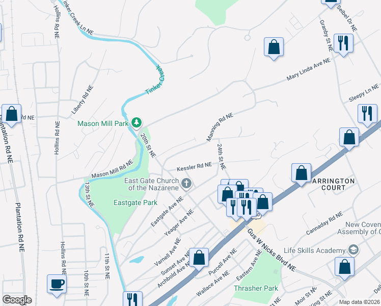 map of restaurants, bars, coffee shops, grocery stores, and more near 2050 Tinker Drive Northeast in Roanoke