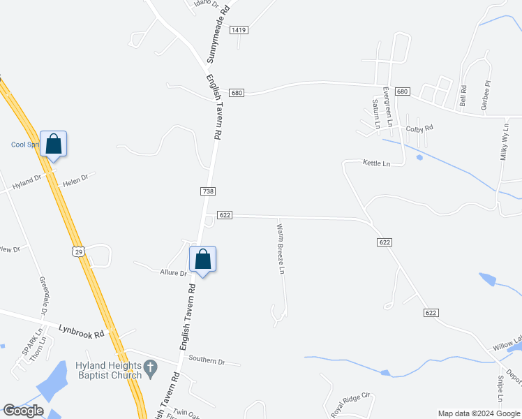 map of restaurants, bars, coffee shops, grocery stores, and more near 3587 Depot Road in Rustburg