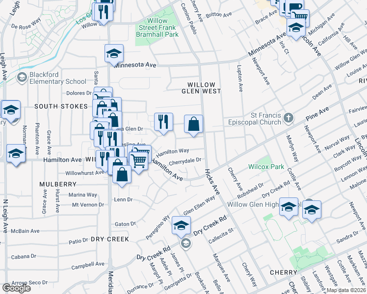 map of restaurants, bars, coffee shops, grocery stores, and more near 1433 Mercer Avenue in San Jose