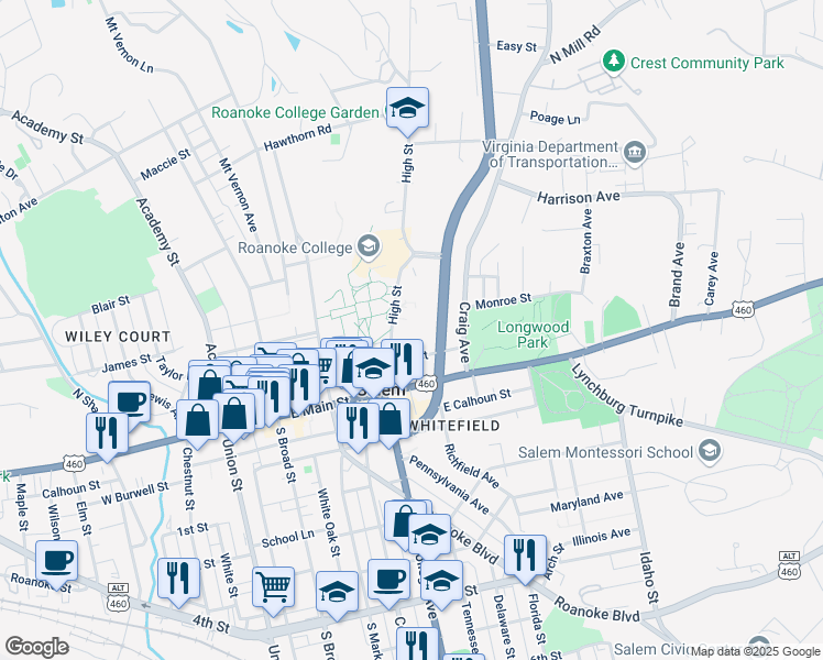 map of restaurants, bars, coffee shops, grocery stores, and more near 202 High St in Salem