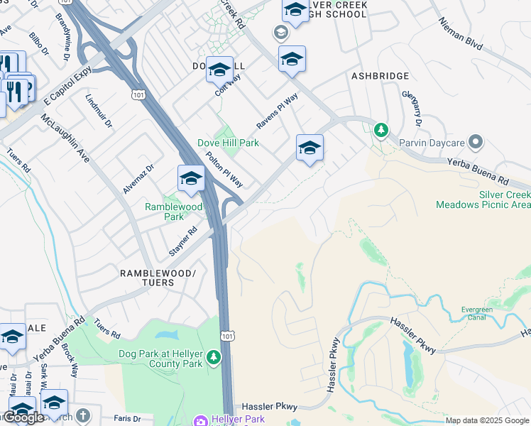 map of restaurants, bars, coffee shops, grocery stores, and more near 1452 Cottlestone Court in San Jose