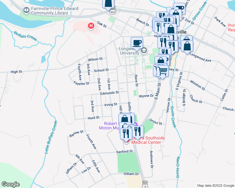 map of restaurants, bars, coffee shops, grocery stores, and more near 701 Edmunds Street in Farmville