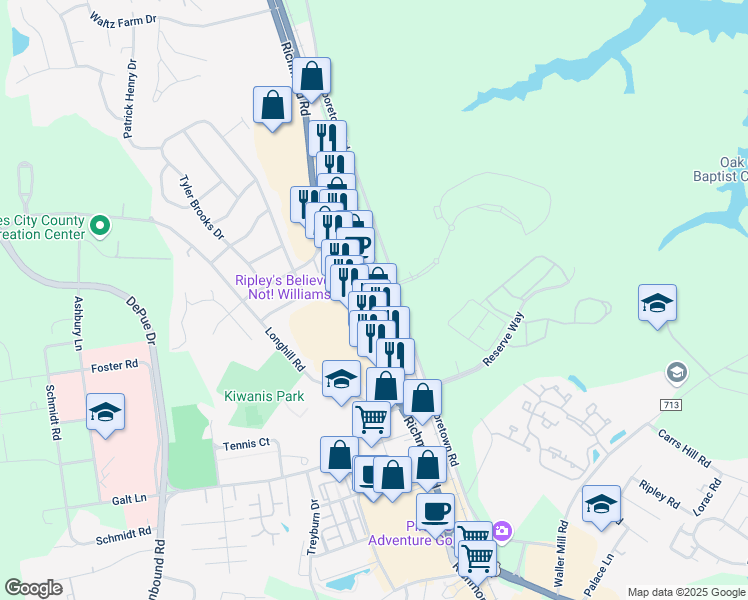 map of restaurants, bars, coffee shops, grocery stores, and more near 1735 Richmond Road in Williamsburg