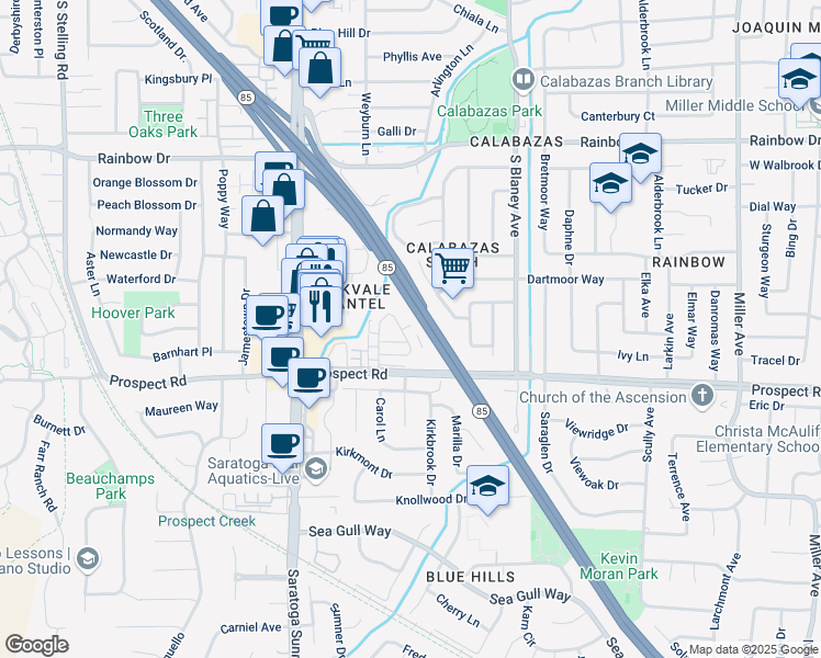 map of restaurants, bars, coffee shops, grocery stores, and more near 1583 Brookvale Drive in San Jose