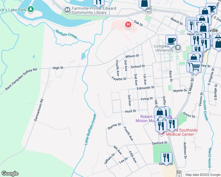 map of restaurants, bars, coffee shops, grocery stores, and more near 602 Pinecrest Road in Farmville