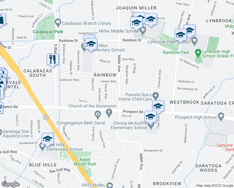 map of restaurants, bars, coffee shops, grocery stores, and more near 1587 Miller Avenue in San Jose