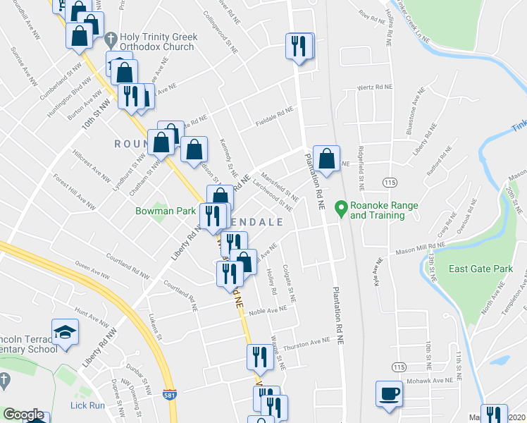 map of restaurants, bars, coffee shops, grocery stores, and more near 173 Avendale Avenue Northeast in Roanoke