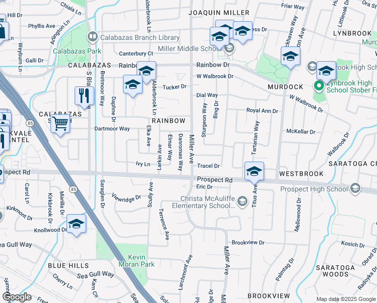 map of restaurants, bars, coffee shops, grocery stores, and more near 1587 Miller Avenue in San Jose