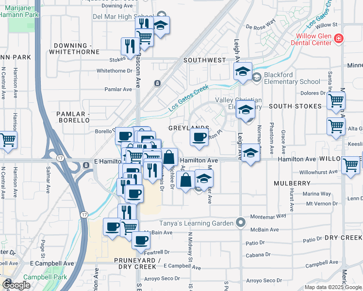 map of restaurants, bars, coffee shops, grocery stores, and more near 2065 Hamilton Avenue in San Jose