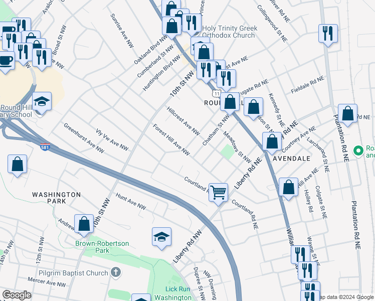 map of restaurants, bars, coffee shops, grocery stores, and more near 3015 Forest Hill Avenue Northwest in Roanoke