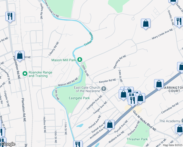 map of restaurants, bars, coffee shops, grocery stores, and more near 2130 Tinker Drive Northeast in Roanoke