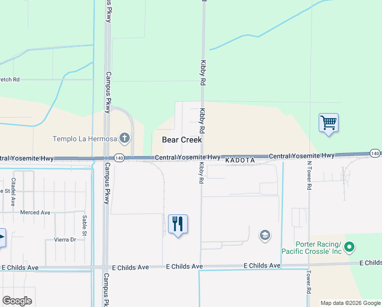 map of restaurants, bars, coffee shops, grocery stores, and more near 3946 California 140 in Merced
