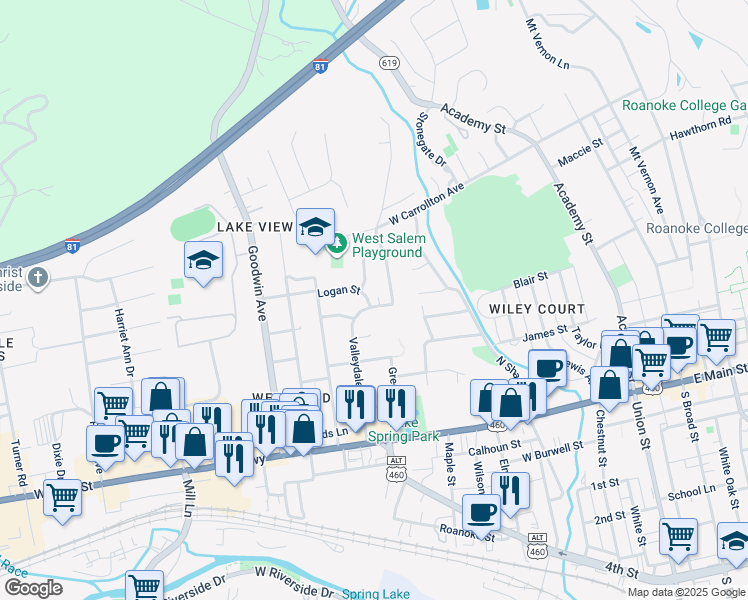map of restaurants, bars, coffee shops, grocery stores, and more near 420 Valleydale Avenue in Salem