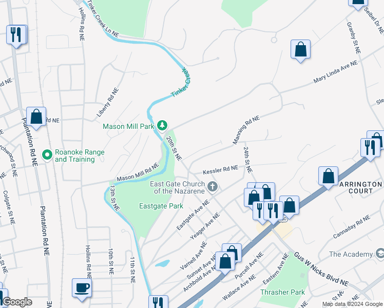 map of restaurants, bars, coffee shops, grocery stores, and more near 2142 Tinker Drive Northeast in Roanoke