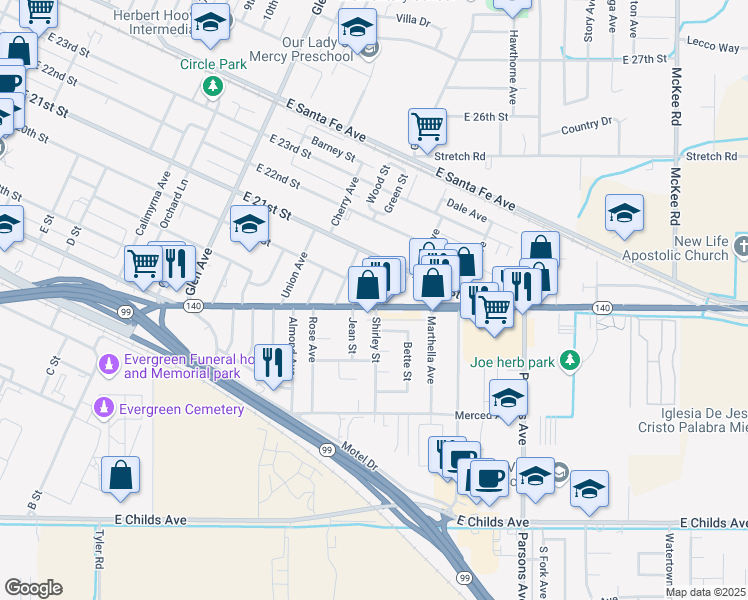 map of restaurants, bars, coffee shops, grocery stores, and more near 1441 Yosemite Parkway in Merced