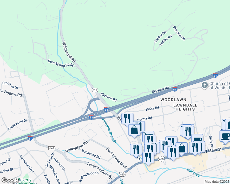map of restaurants, bars, coffee shops, grocery stores, and more near 1723 Skyview Road in Salem