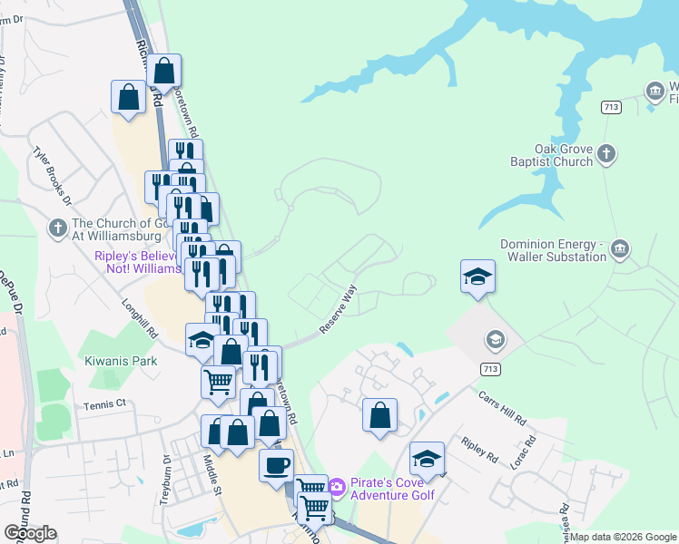 map of restaurants, bars, coffee shops, grocery stores, and more near 329 Mershon Way in Williamsburg
