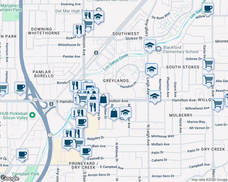map of restaurants, bars, coffee shops, grocery stores, and more near 2065 Hamilton Avenue in San Jose