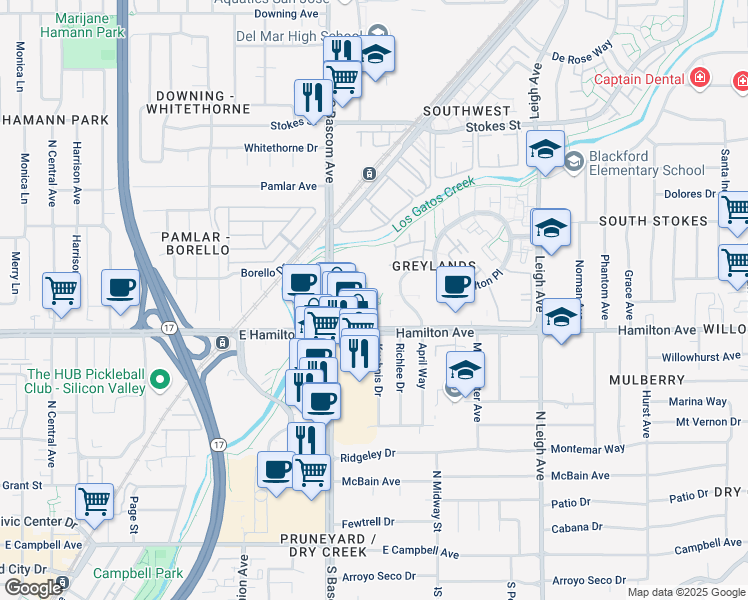 map of restaurants, bars, coffee shops, grocery stores, and more near 1550 South Bascom Avenue in San Jose