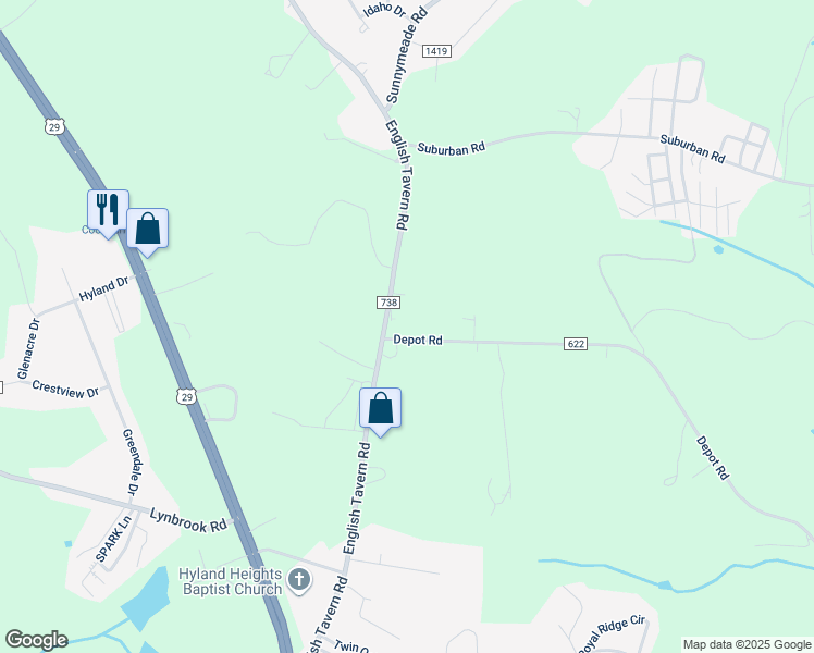 map of restaurants, bars, coffee shops, grocery stores, and more near 3733 Depot Road in Rustburg