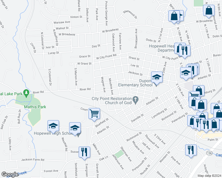 map of restaurants, bars, coffee shops, grocery stores, and more near 2808 Gordon Street in Hopewell