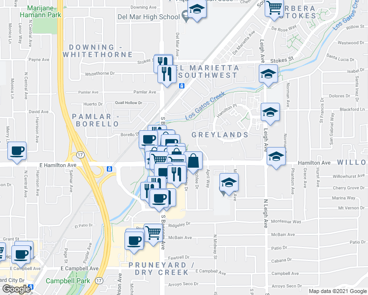 map of restaurants, bars, coffee shops, grocery stores, and more near 2105 Hamilton Avenue in San Jose