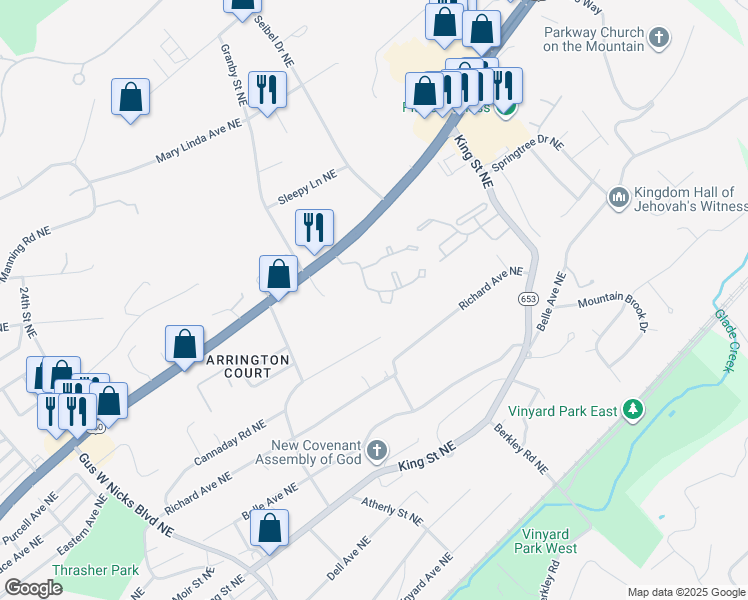 map of restaurants, bars, coffee shops, grocery stores, and more near 3001 Hickory Woods Drive Northeast in Roanoke