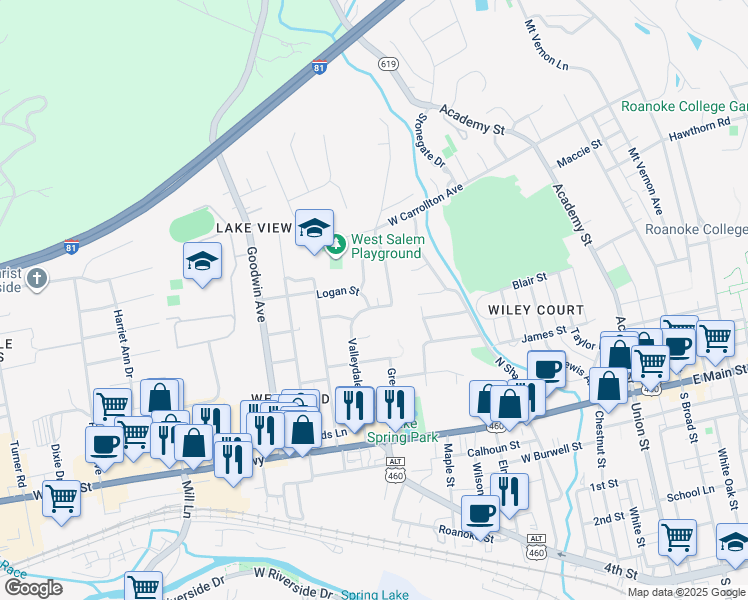 map of restaurants, bars, coffee shops, grocery stores, and more near 420 Valleydale Avenue in Salem