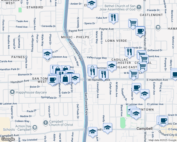 map of restaurants, bars, coffee shops, grocery stores, and more near 553 Merrimac Drive in Campbell