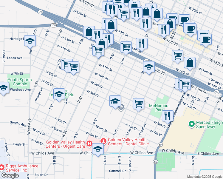 map of restaurants, bars, coffee shops, grocery stores, and more near 906 P Street in Merced