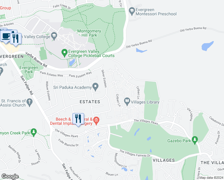 map of restaurants, bars, coffee shops, grocery stores, and more near 5408 Cribari Court in San Jose