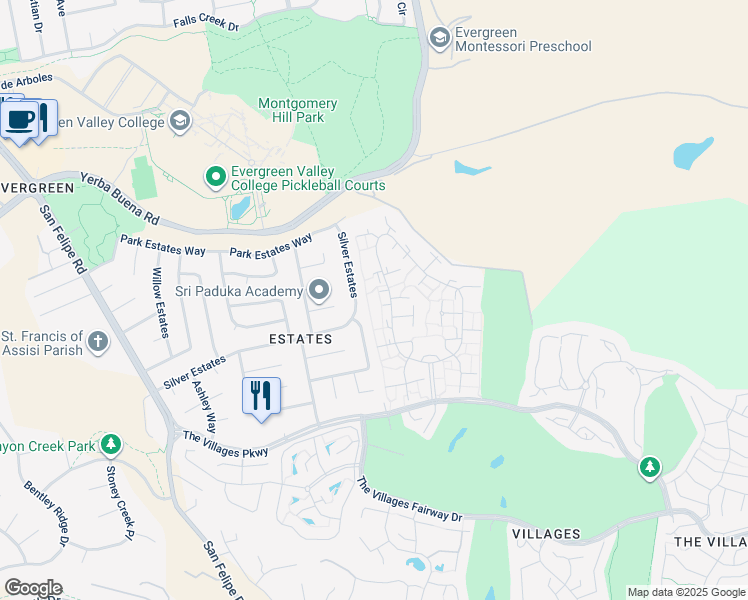 map of restaurants, bars, coffee shops, grocery stores, and more near 5408 Cribari Court in San Jose