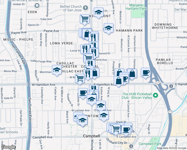 map of restaurants, bars, coffee shops, grocery stores, and more near 1525 South Winchester Boulevard in San Jose