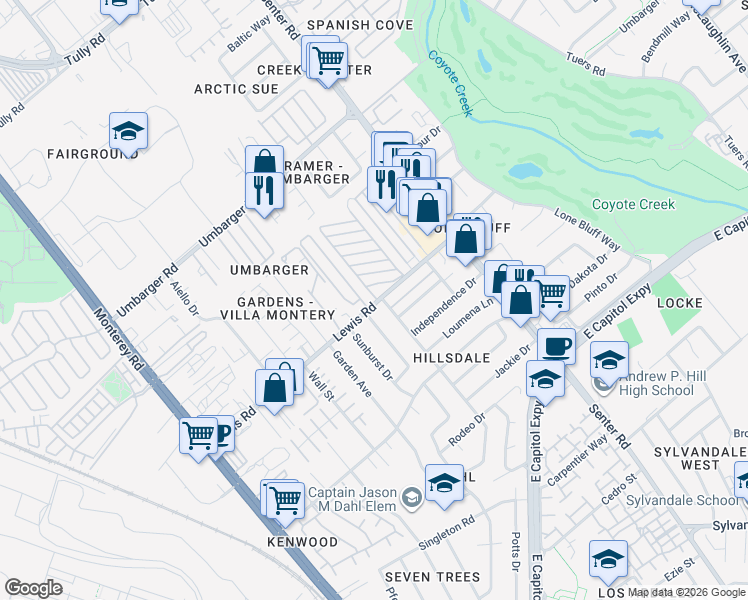 map of restaurants, bars, coffee shops, grocery stores, and more near 485 New Street in San Jose