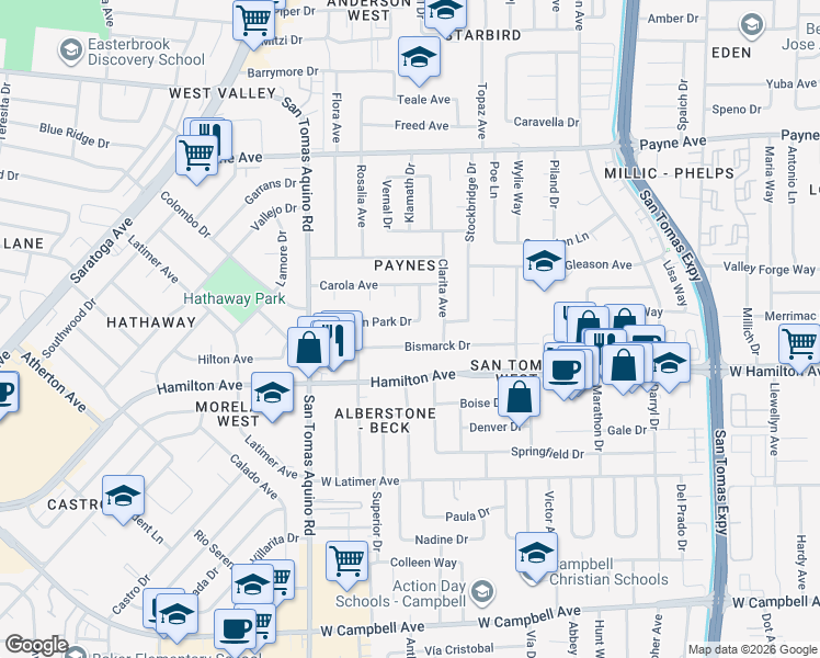 map of restaurants, bars, coffee shops, grocery stores, and more near 3965 Hamilton Park Drive in San Jose