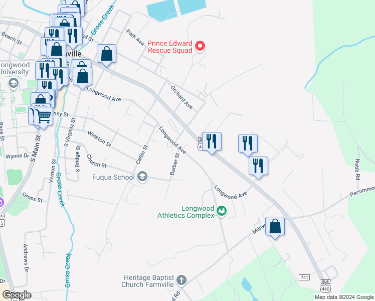 map of restaurants, bars, coffee shops, grocery stores, and more near 914 Longwood Avenue in Farmville