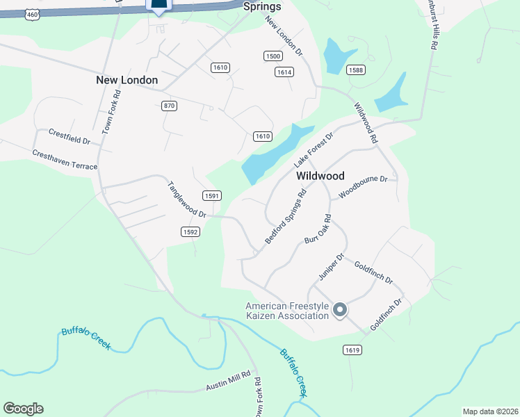 map of restaurants, bars, coffee shops, grocery stores, and more near 15 County Road 1586 in Lynchburg