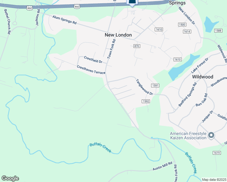 map of restaurants, bars, coffee shops, grocery stores, and more near 19 Holly Ridge Court in Evington