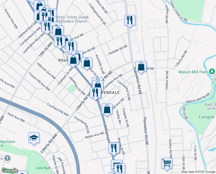 map of restaurants, bars, coffee shops, grocery stores, and more near 135 Liberty Rd NE in Roanoke