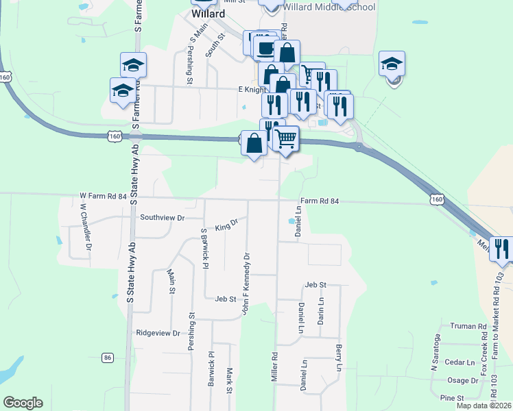 map of restaurants, bars, coffee shops, grocery stores, and more near 301 East New Melville Road in Willard