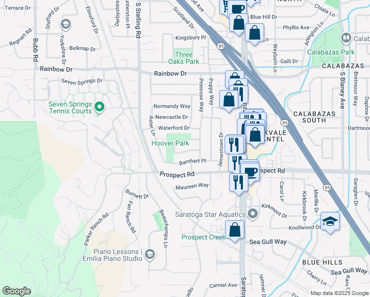 map of restaurants, bars, coffee shops, grocery stores, and more near 7524 Leeds Avenue in Cupertino